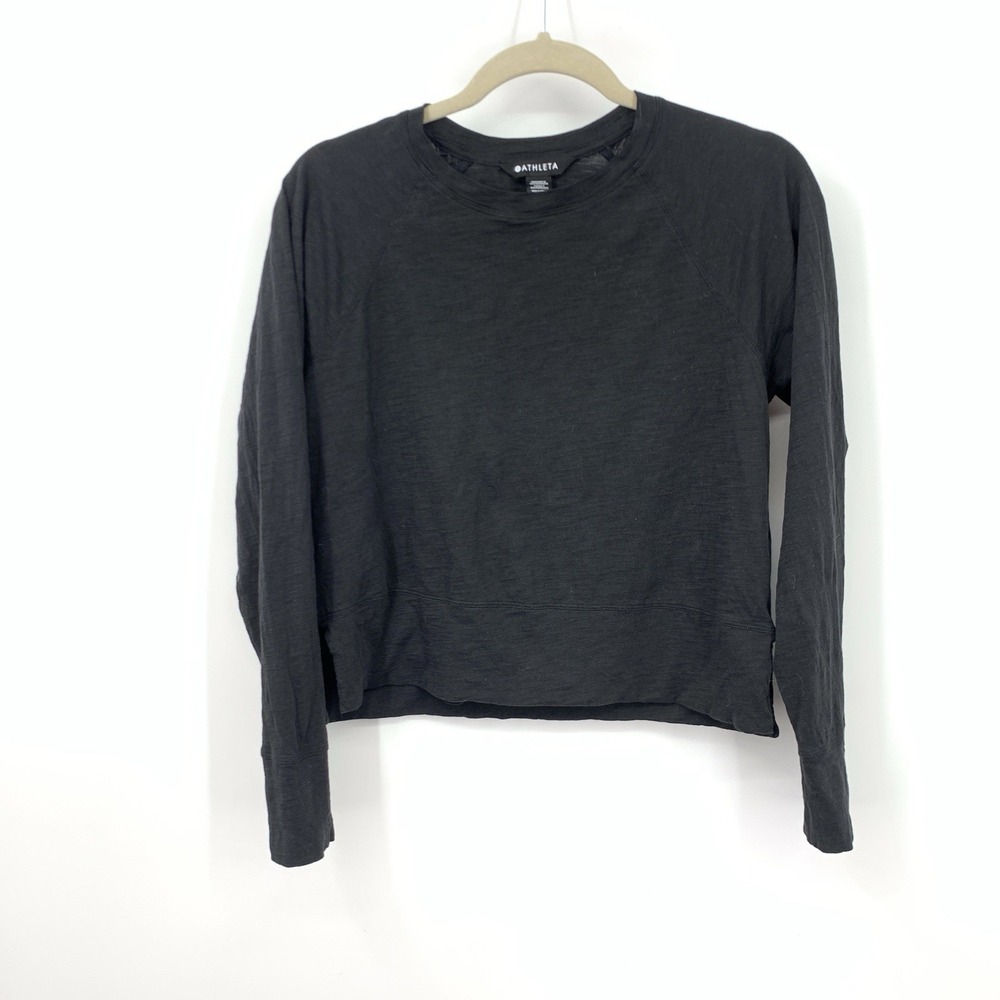 Athleta Women Size Small Shirt Long Sleeve Top Crop Solid Black Cotton Basic